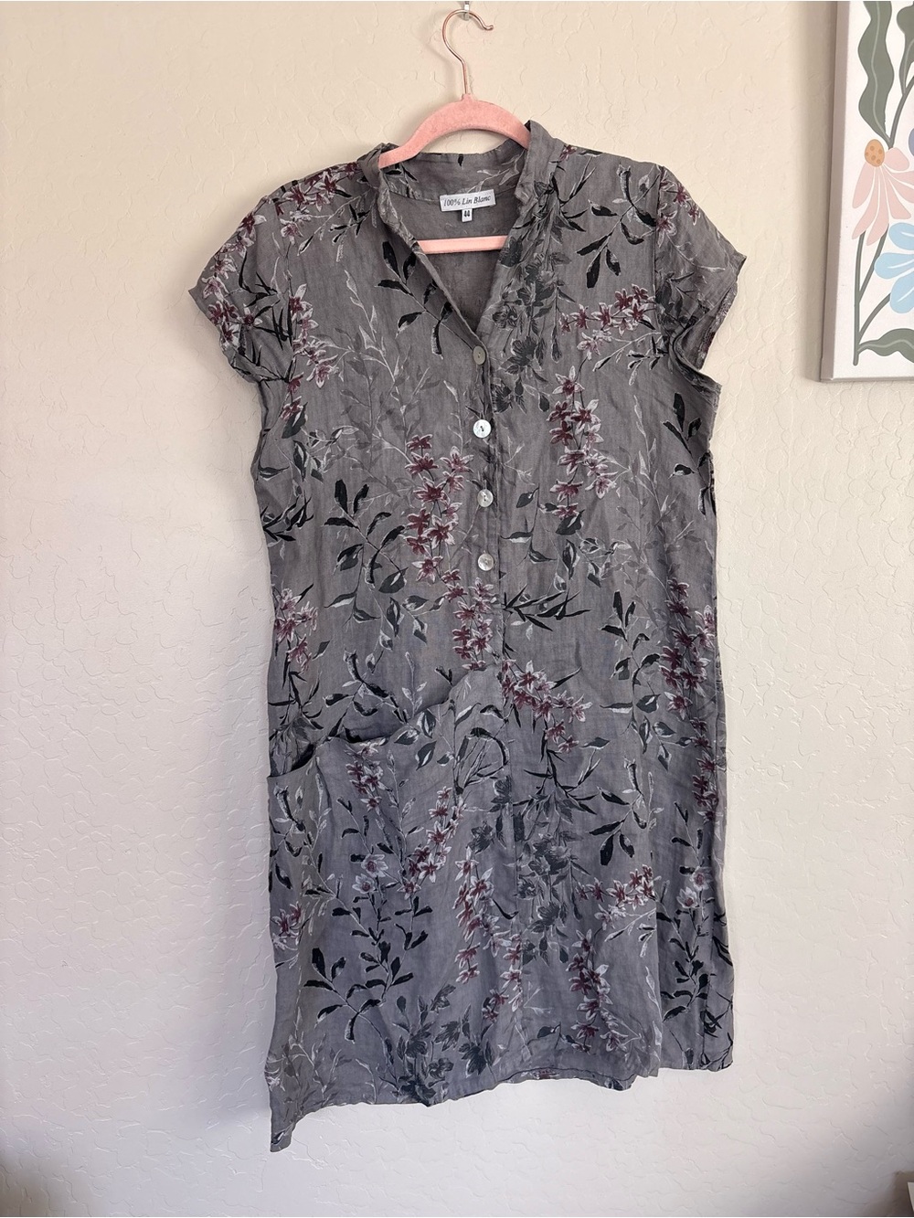 Lin Blanc 100% Linen Floral Tunic Dress Gray Pockets Boho Lagenlook Coastal L